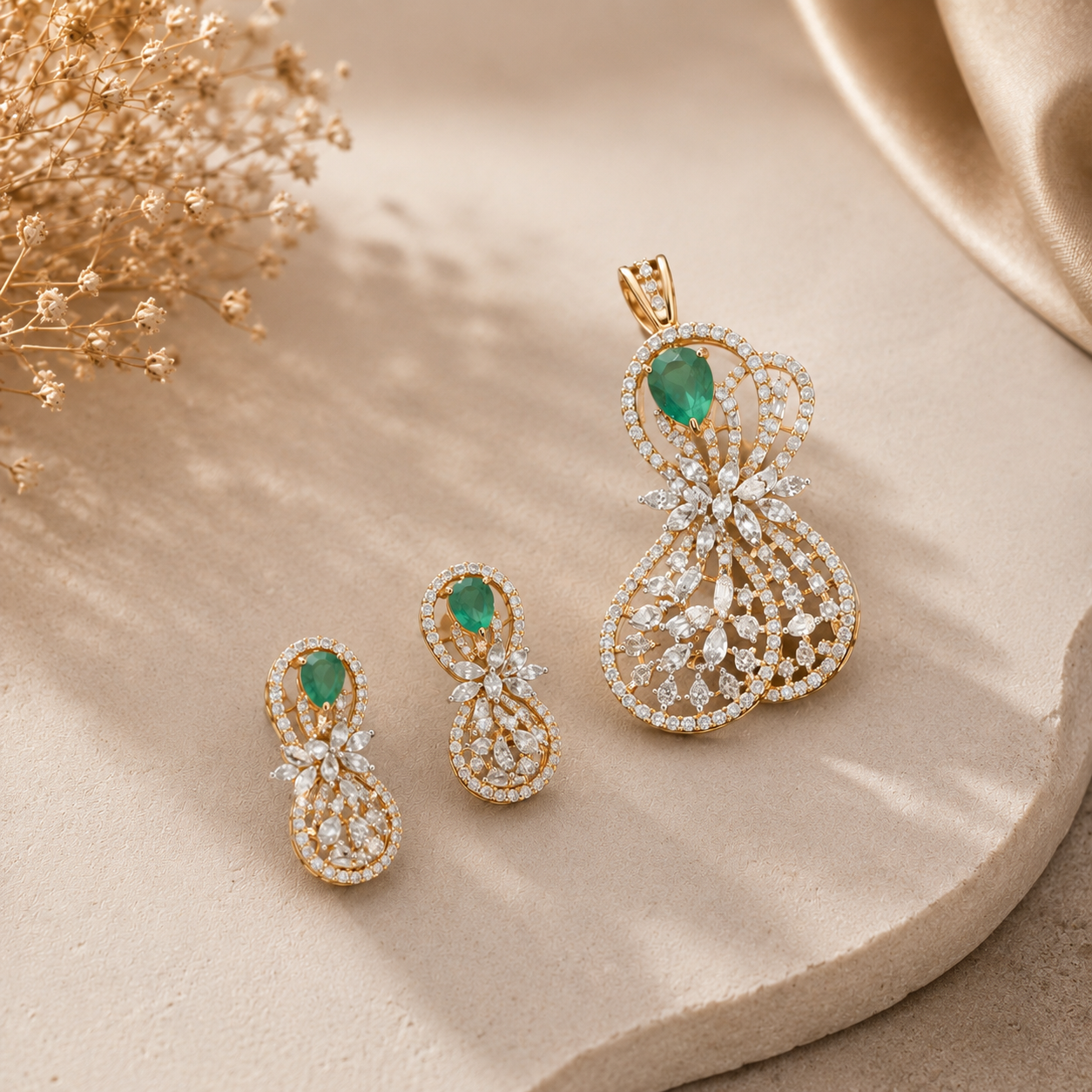 Emerald Celestia Diamond Pendant Set