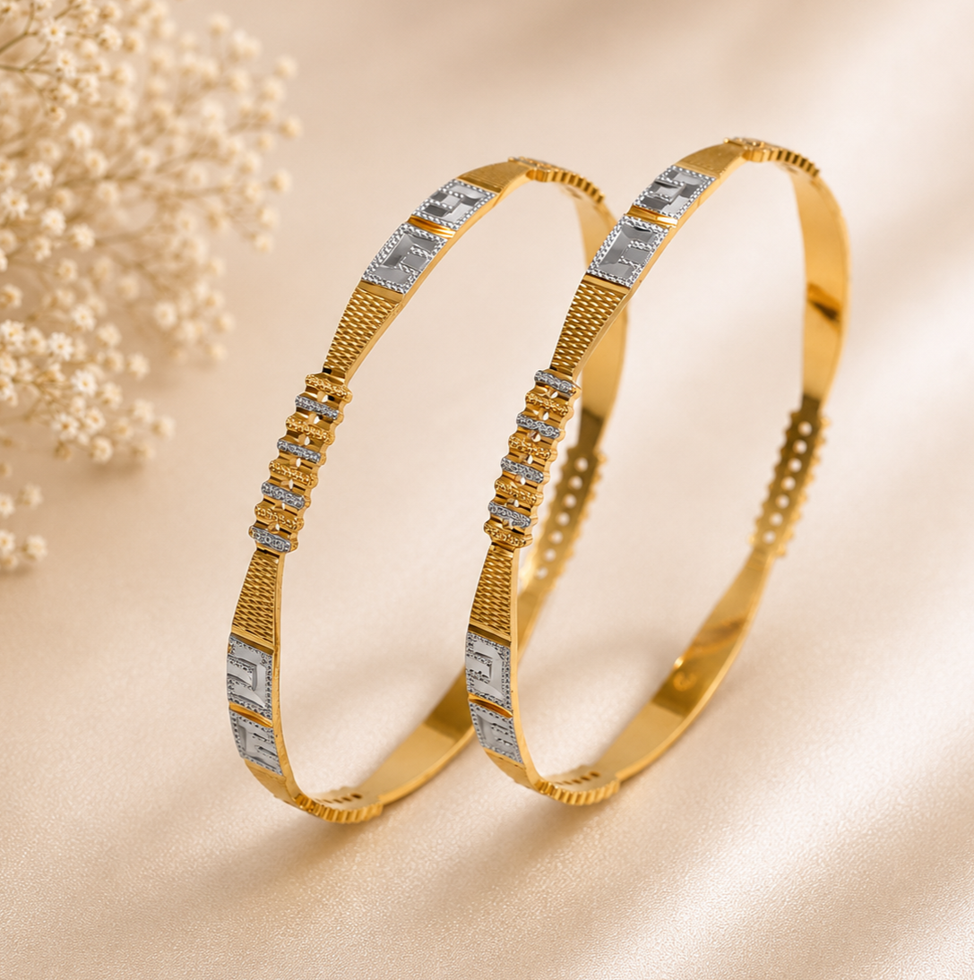 Dual-Tone Geometric Gold Bangles