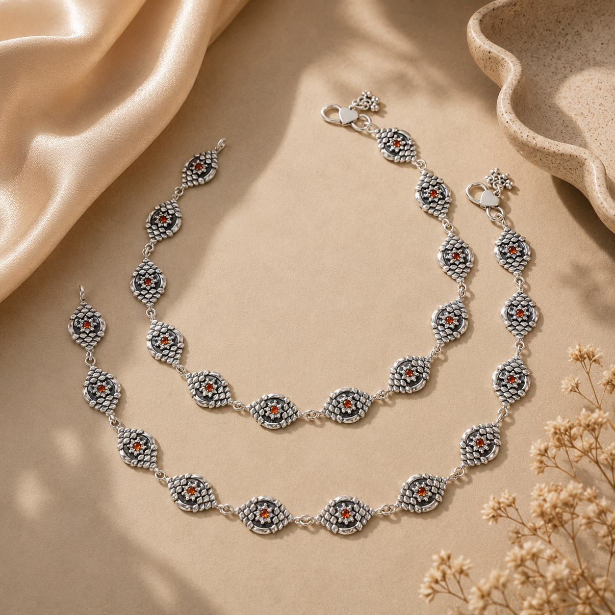Vintage Stone Motif Silver Anklets