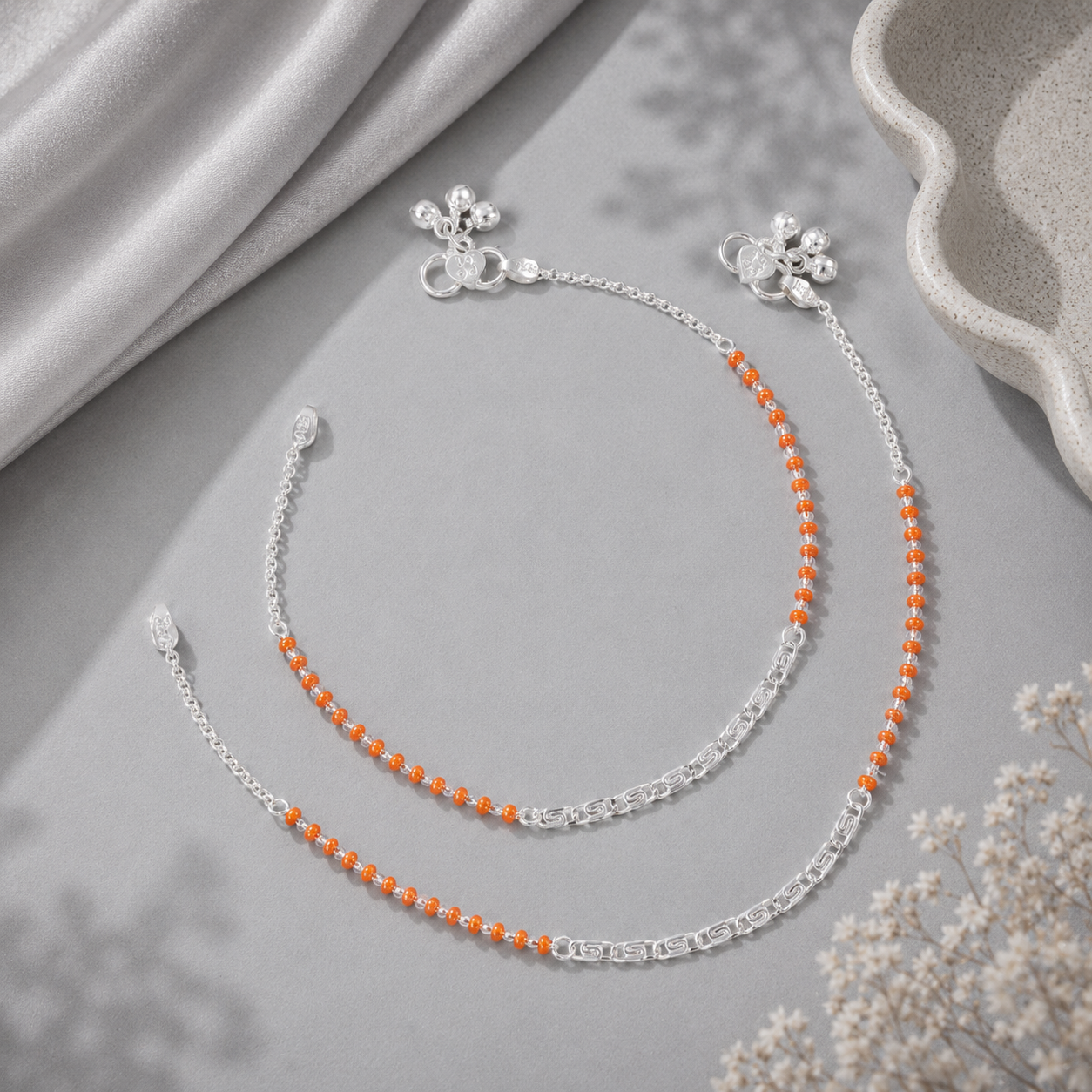 Amber Bead Silver Anklets