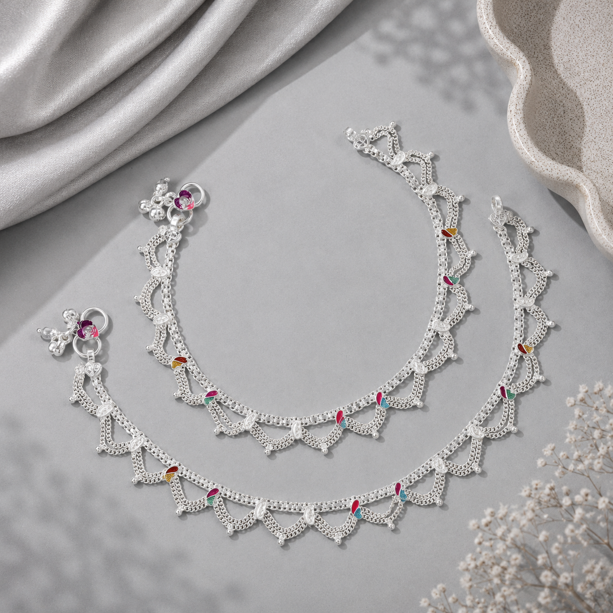 Multicolor Traditional Silver Anklets