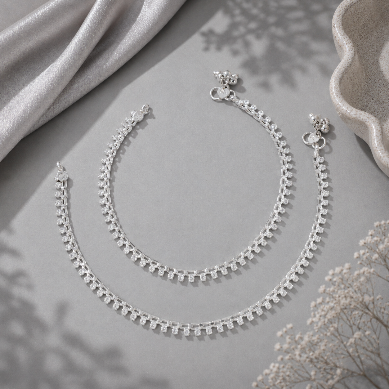 Crystal Drop Silver Anklets
