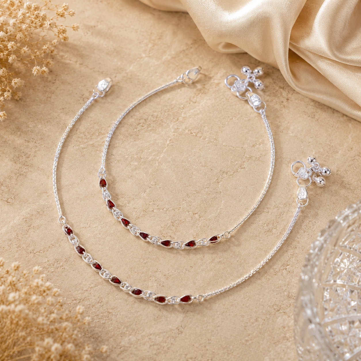 Maroon Gleam Silver Anklets