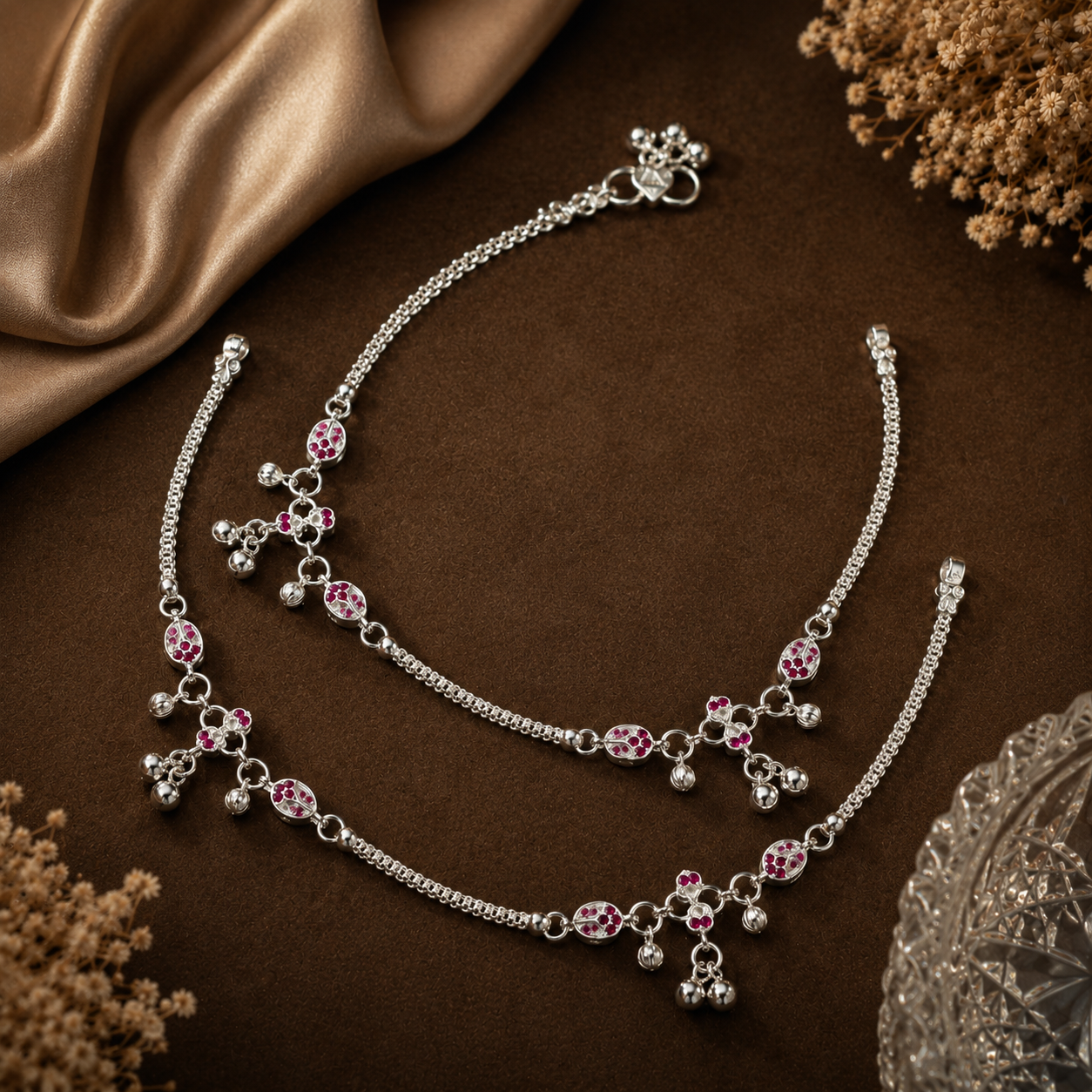 Eva Pink Floral Silver Anklets