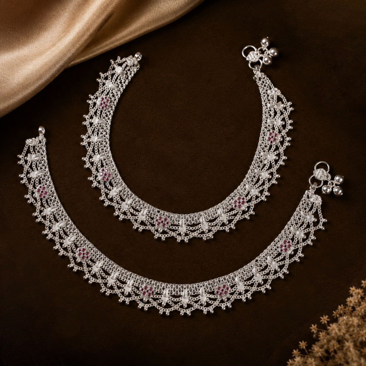 Kashvi Heirloom Silver Anklets