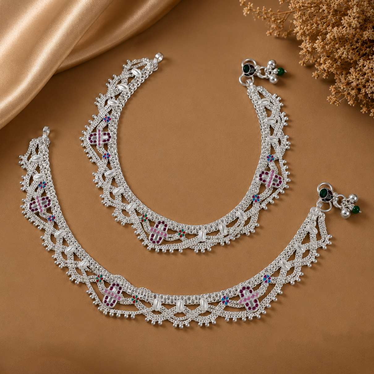 Prisha Meenakari Silver Anklets