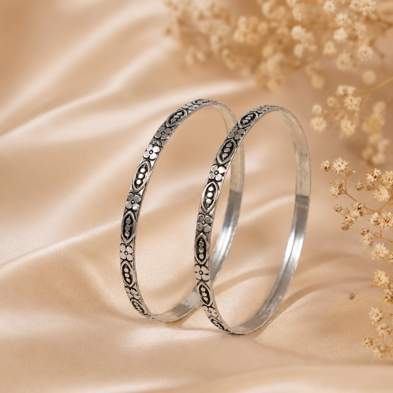 Navya Flower Silver Bangles