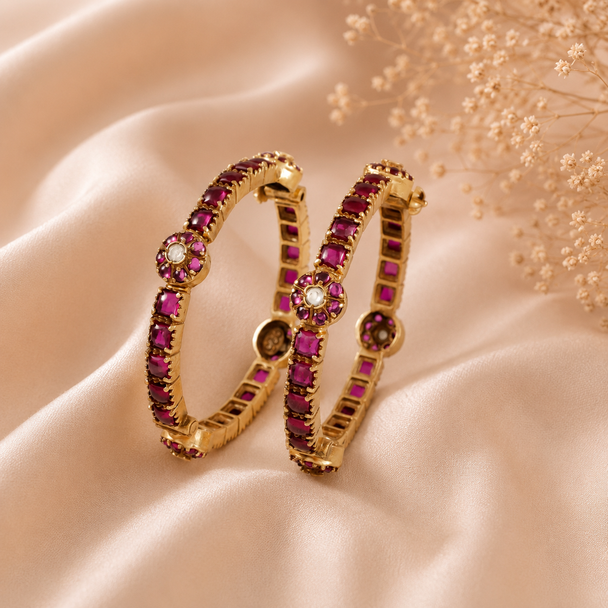 Seema Crimson Pearl Silver Bangles