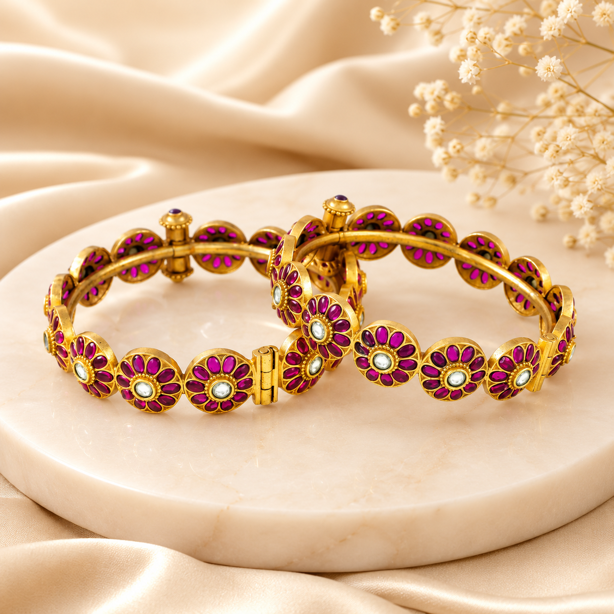 Avisha Floral Kundan Silver Bangles
