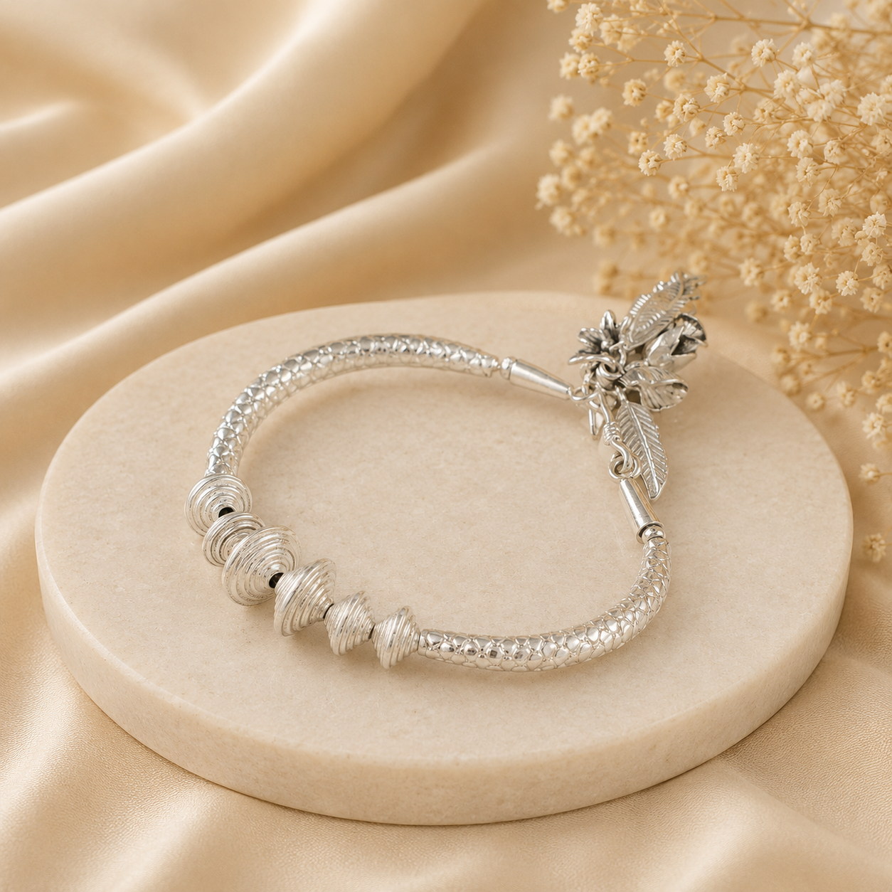 Charu Leaf Charm Silver Bracelet