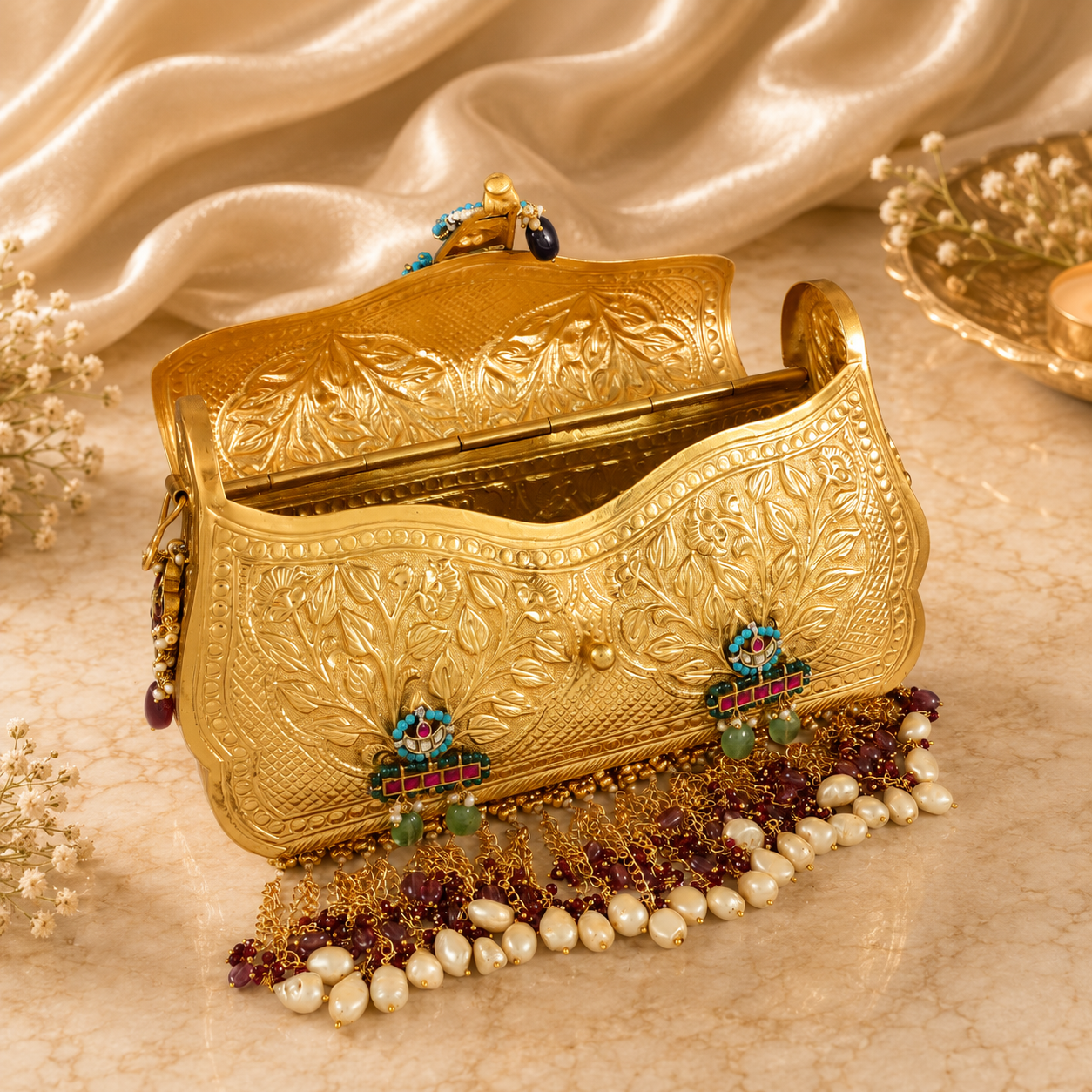 Maharani Kundan Pearl Silver Purse