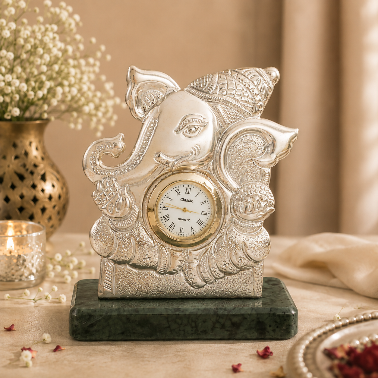 Blessings Ganesha Silver Table Clock
