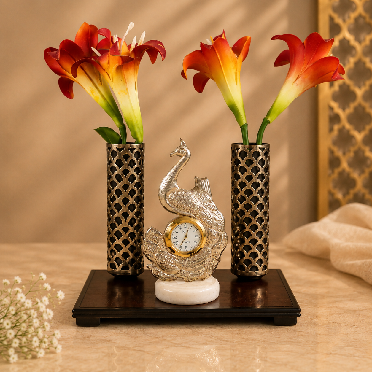 Regal Peacock Silver Table Clock