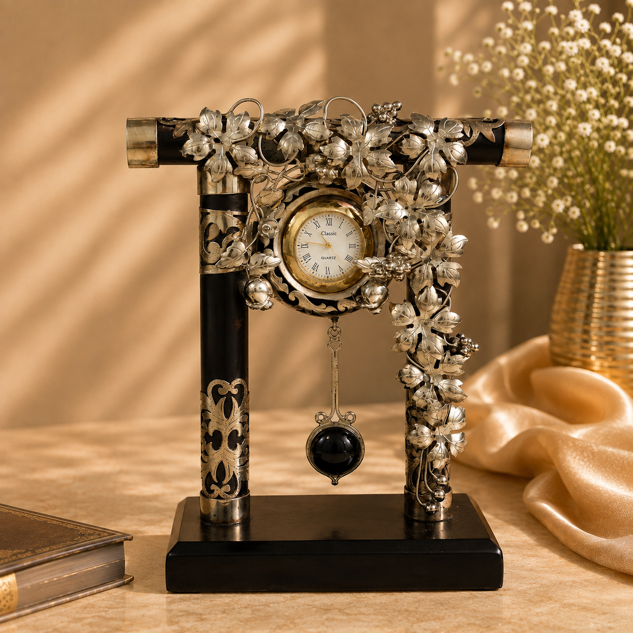 Regal Blossom Pendulum Silver Table Clock