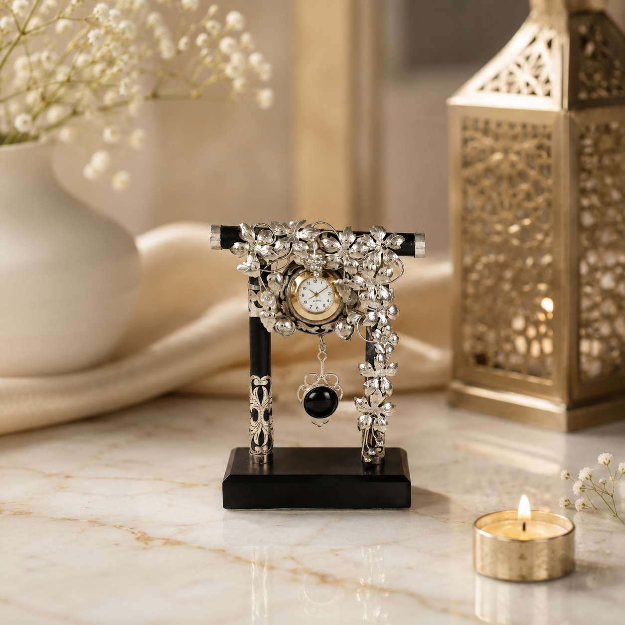 Royal Floral Pendulum Silver Table Clock