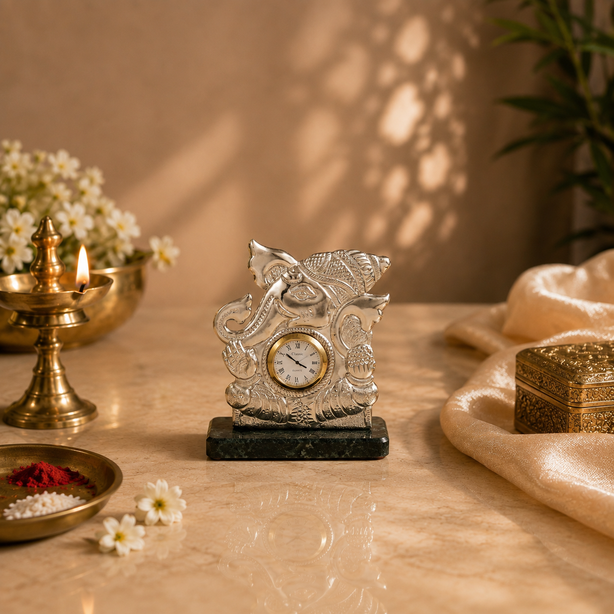 Royal Ganesh Silver Table Clock
