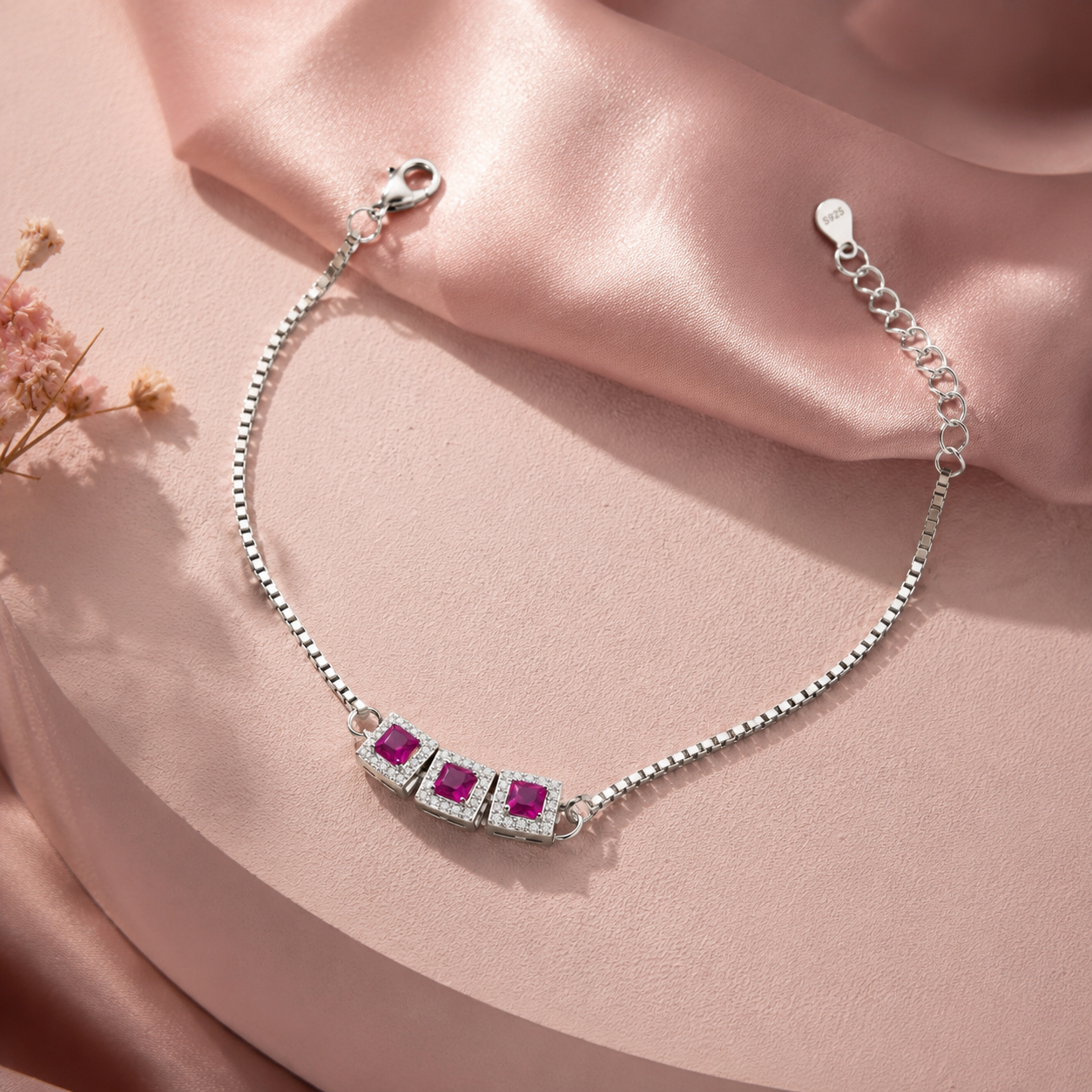 Pink Stone Trio Silver Bracelet