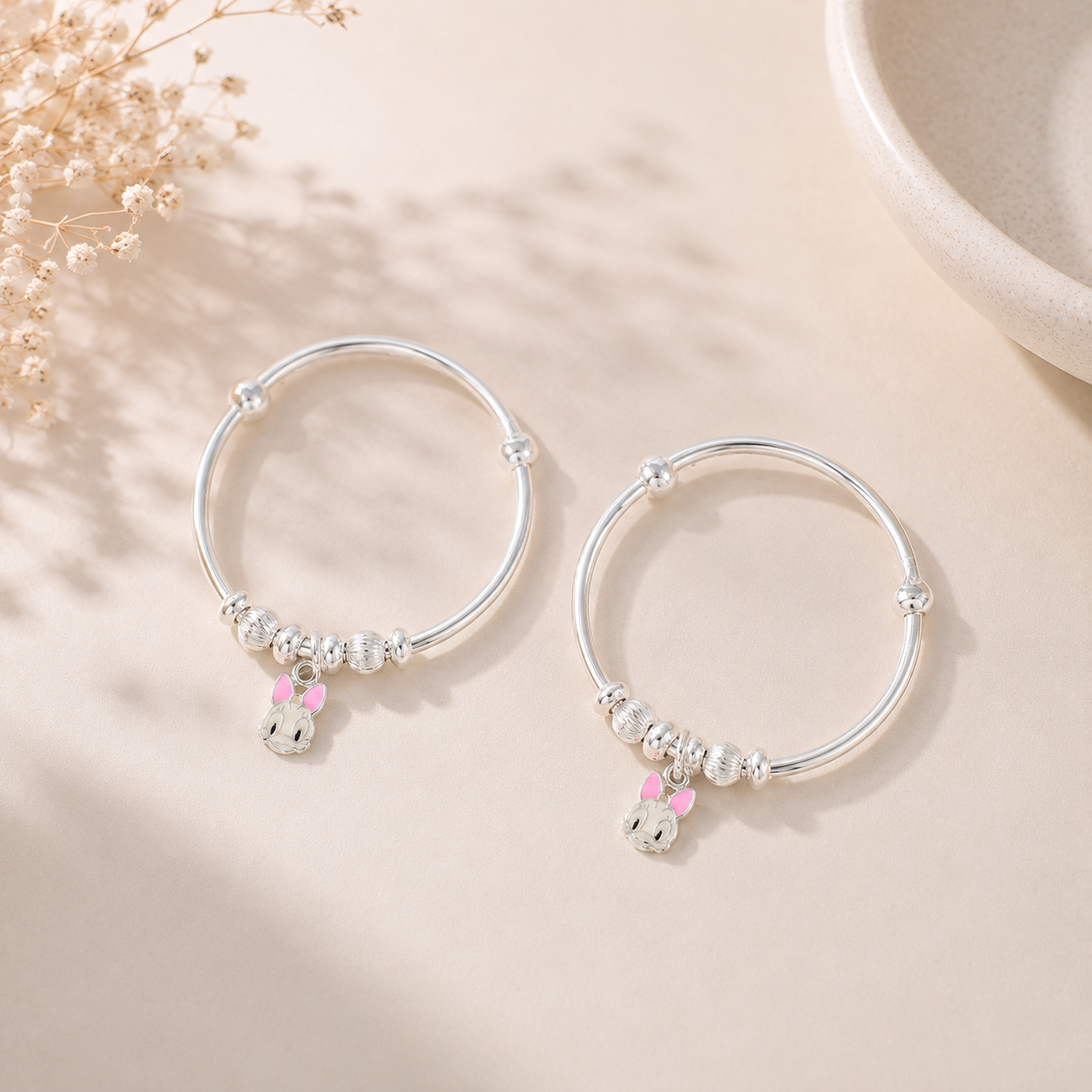 Pink Rabbit Silver Baby Bangles