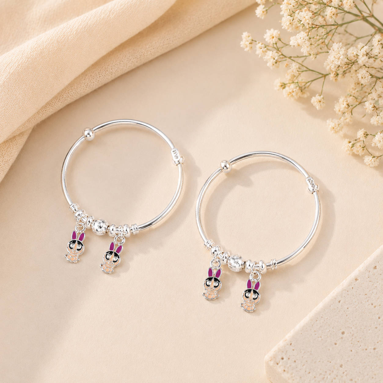 Twin Bunny Silver Baby Bangles