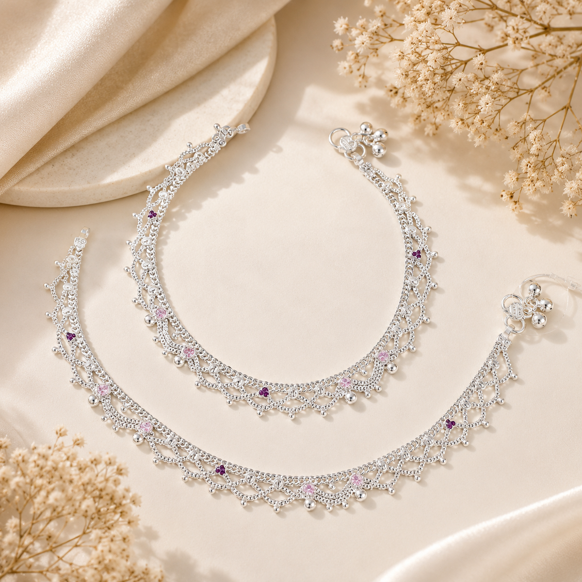 Ziyana Crystal Silver Anklets