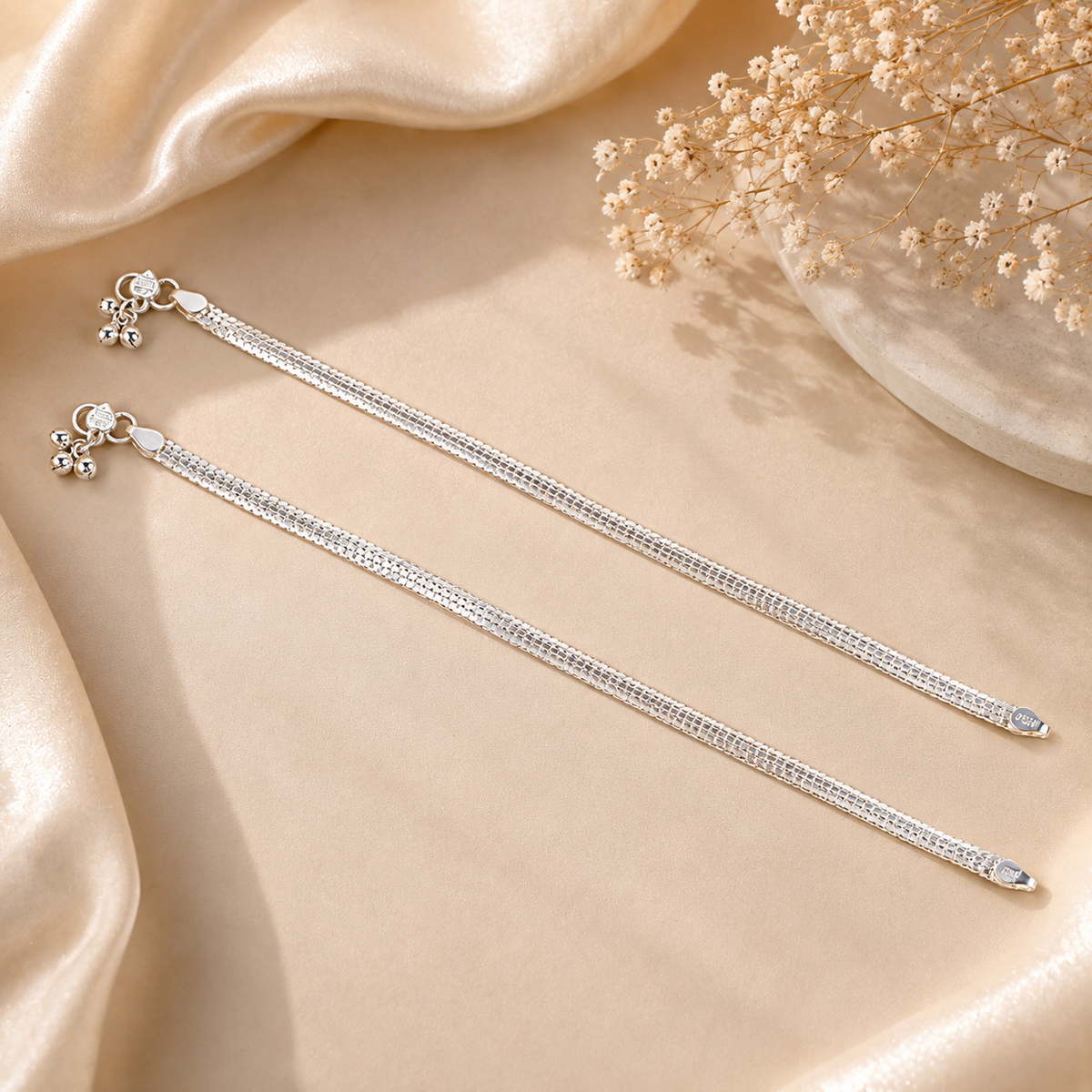 Tiana Shimmer Bell Silver Anklets