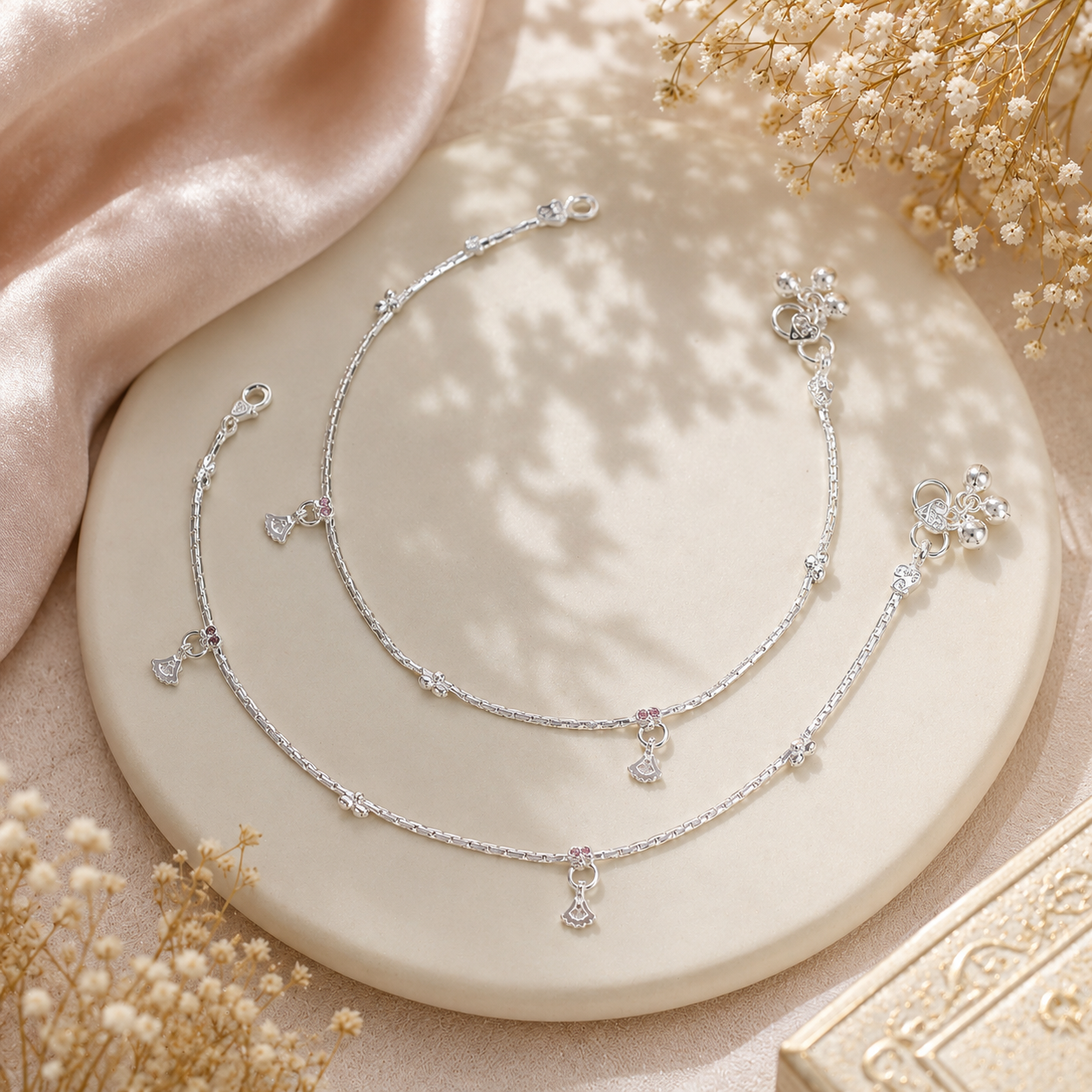 Kiara Ruby Bell Silver Anklets