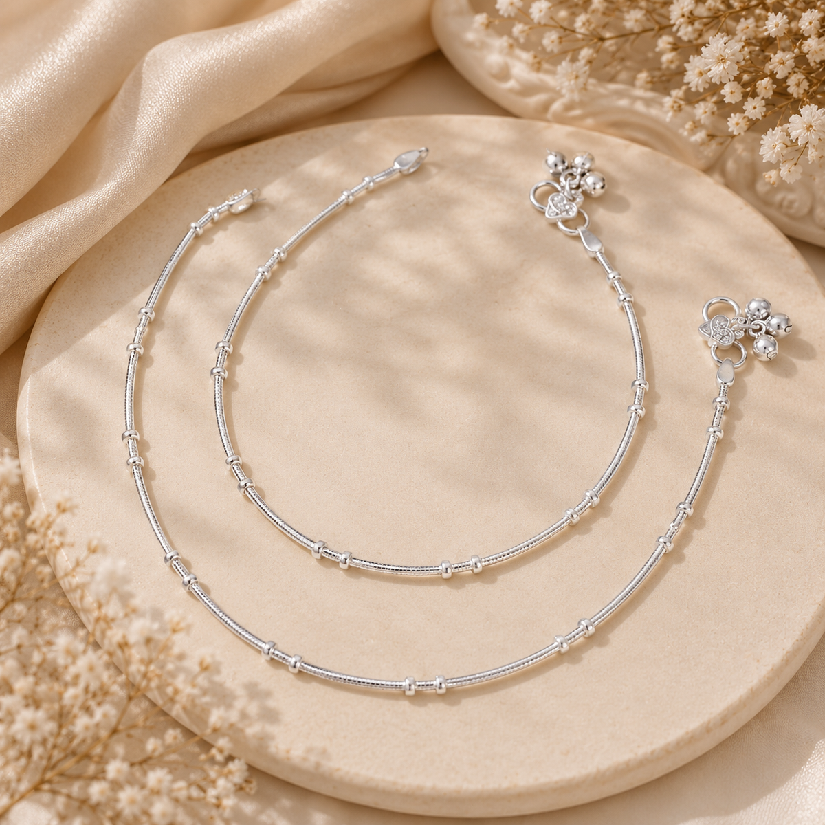Tiana Sleek Beaded Silver Anklets