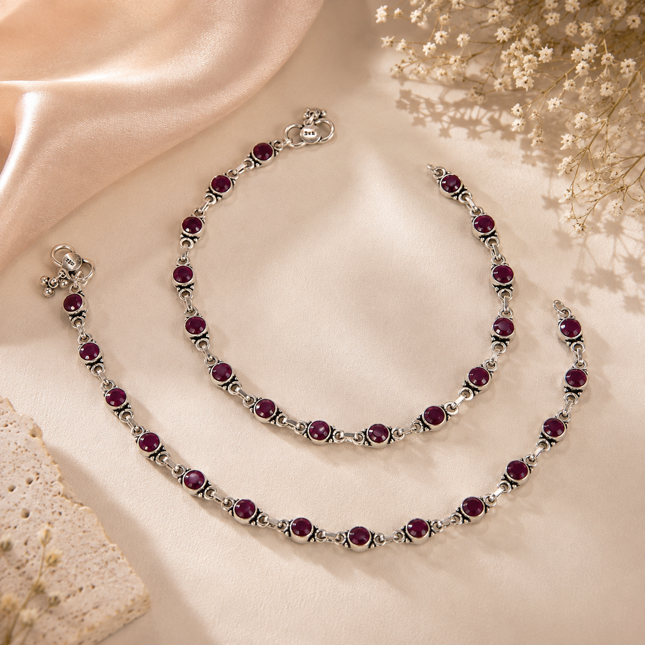 Trisha Crimson Charm Silver Anklets