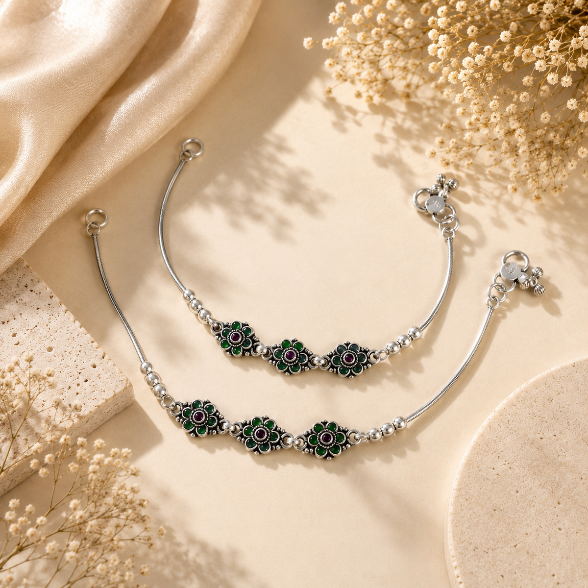 Avni Green Blossom Silver Anklets