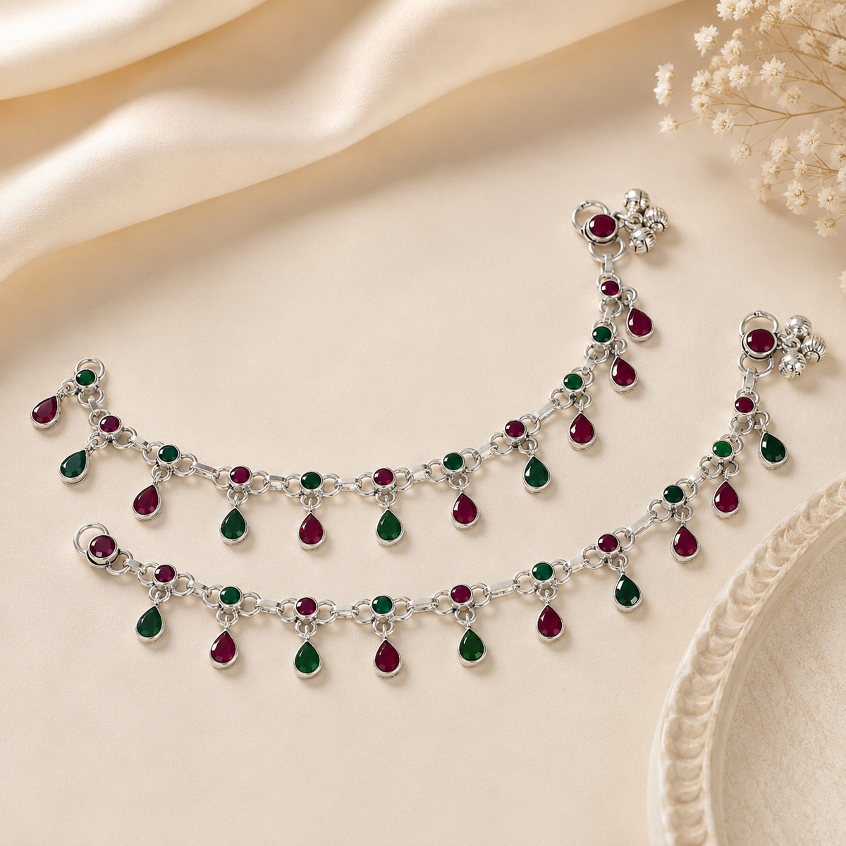Rhea Color Drop Silver Anklets