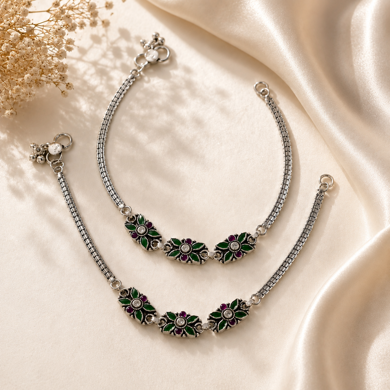Aaradhya Green Floral Silver Anklets