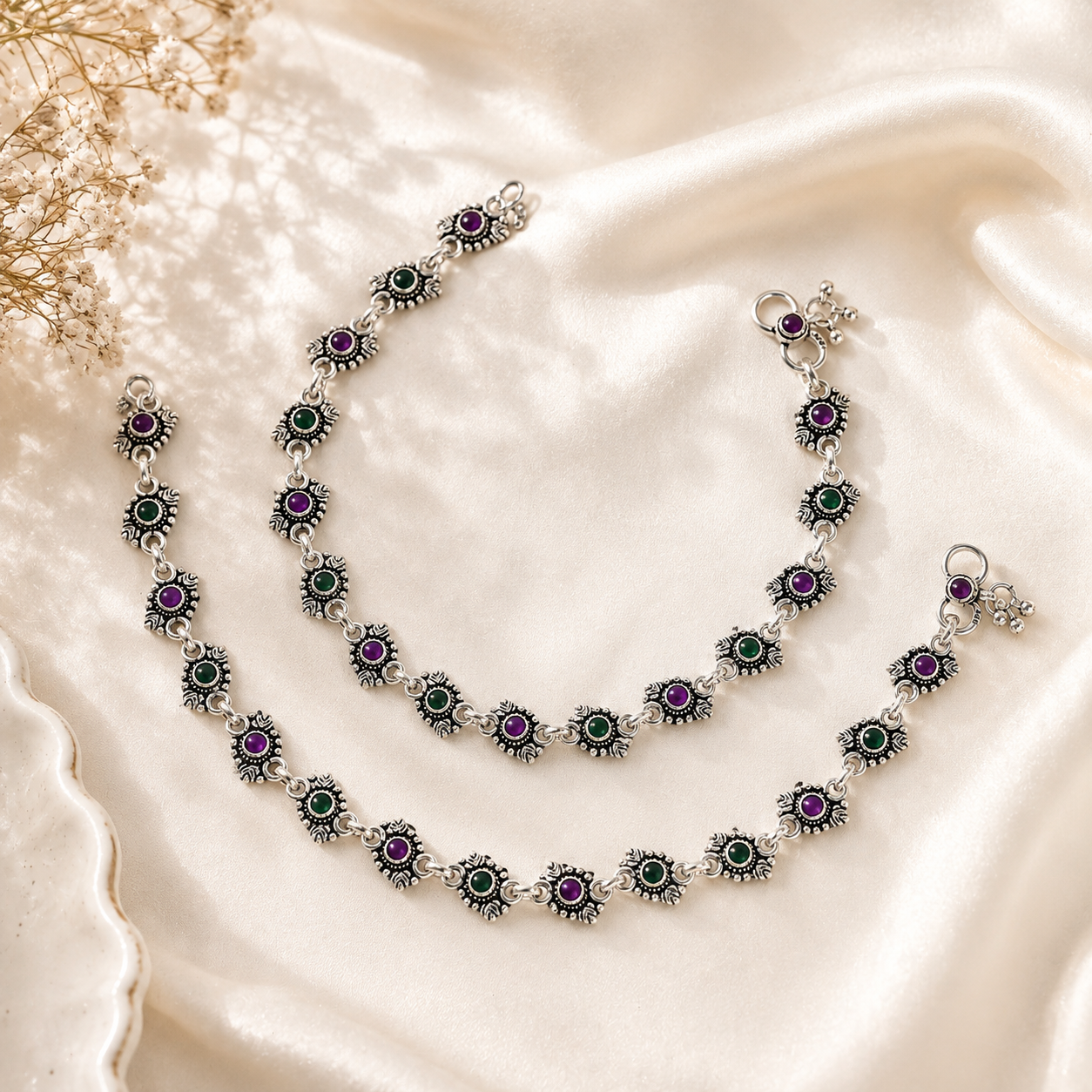 Aarvi Dual Gem Silver Anklets
