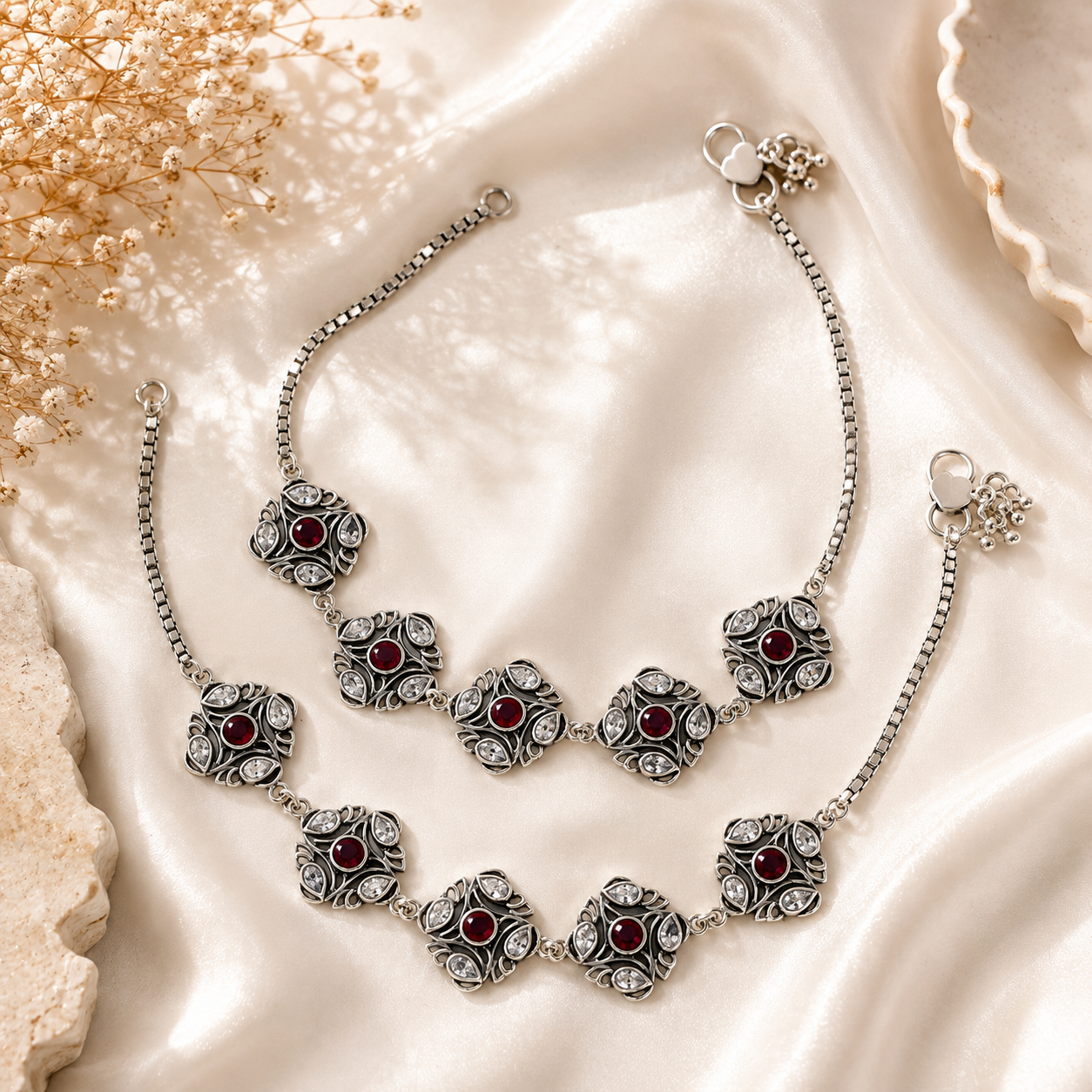 Ayesha Crystal Silver Anklets
