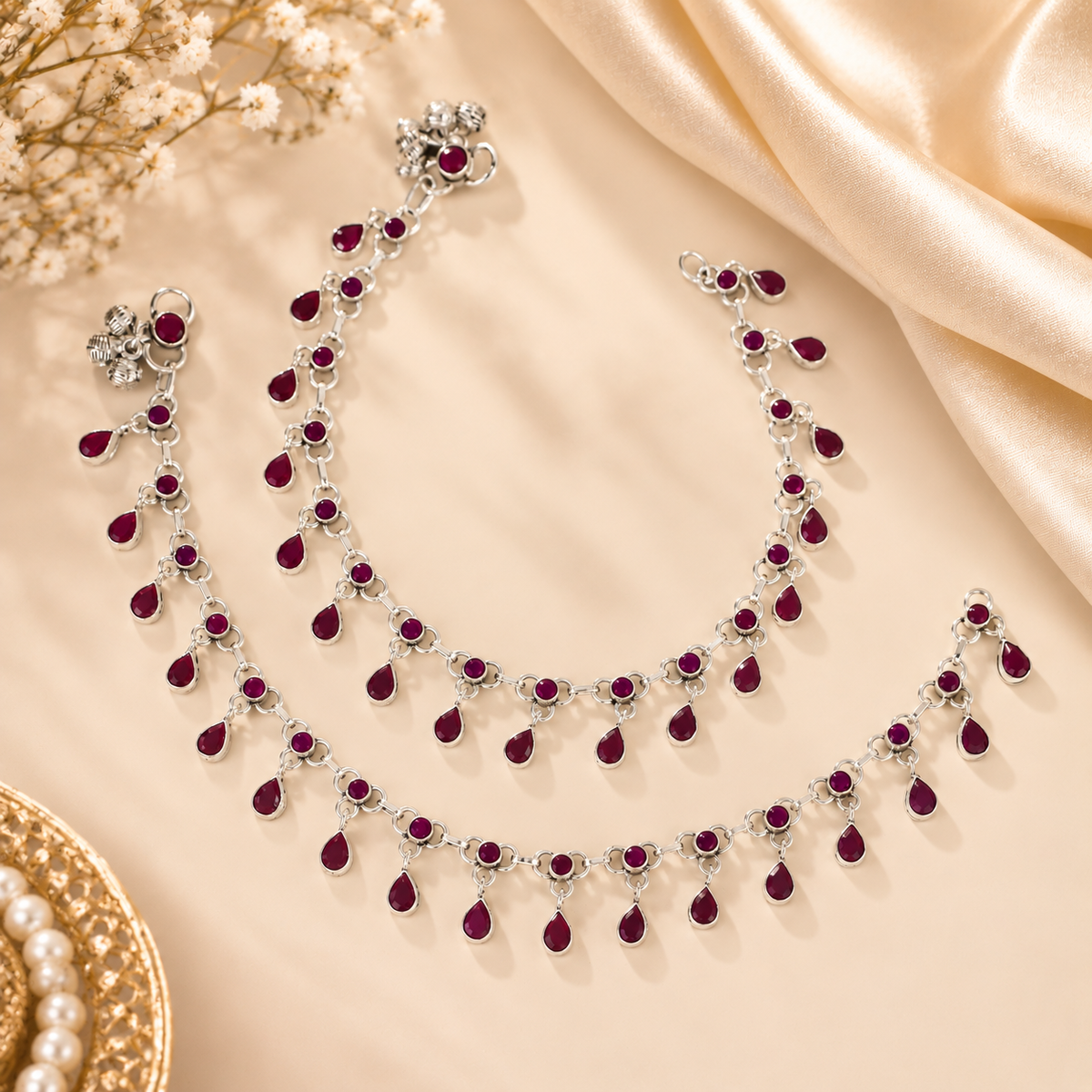 Aarika Ruby Cascade Silver Anklets