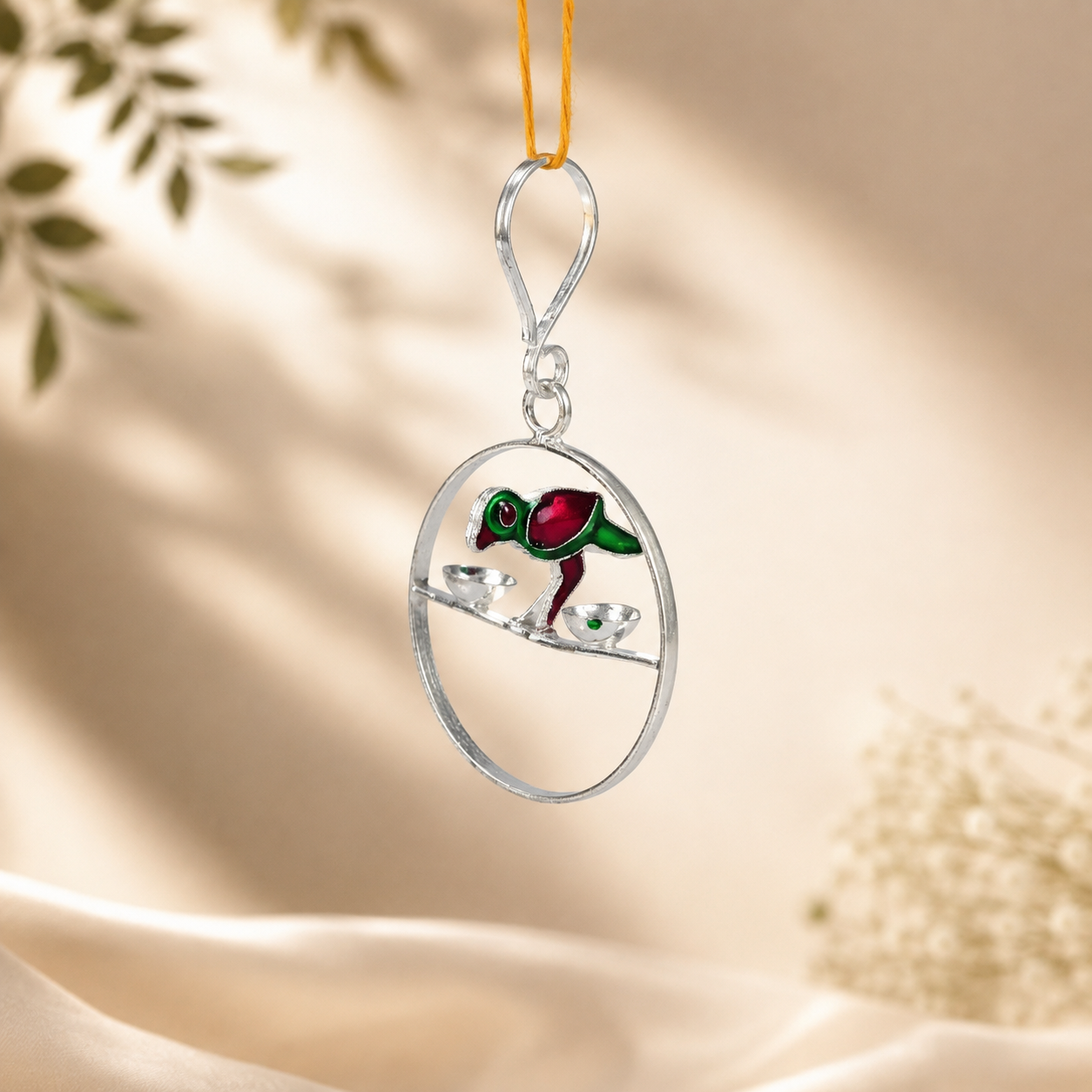 Rangoli Parrot Silver Diya Hanging
