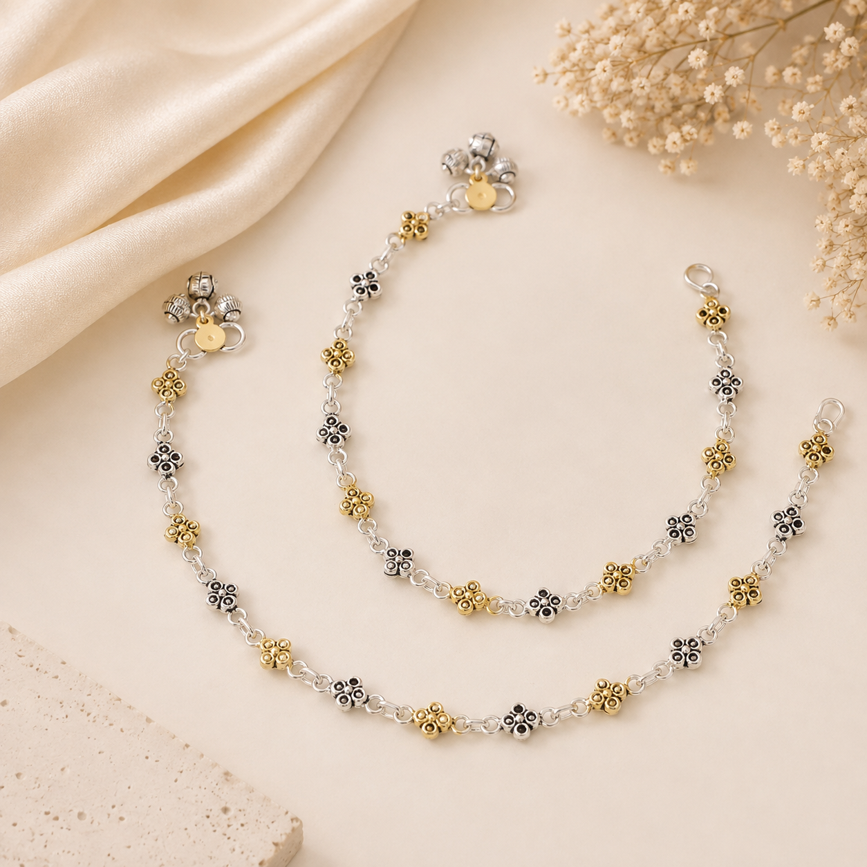 Raina Floral Harmony Silver Anklets