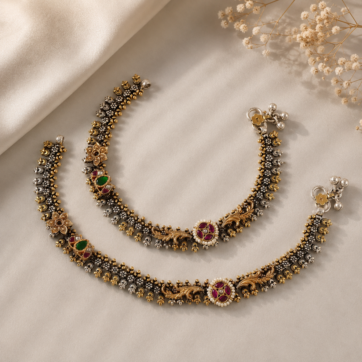 Tanishka Kundan Pearl Silver Anklets