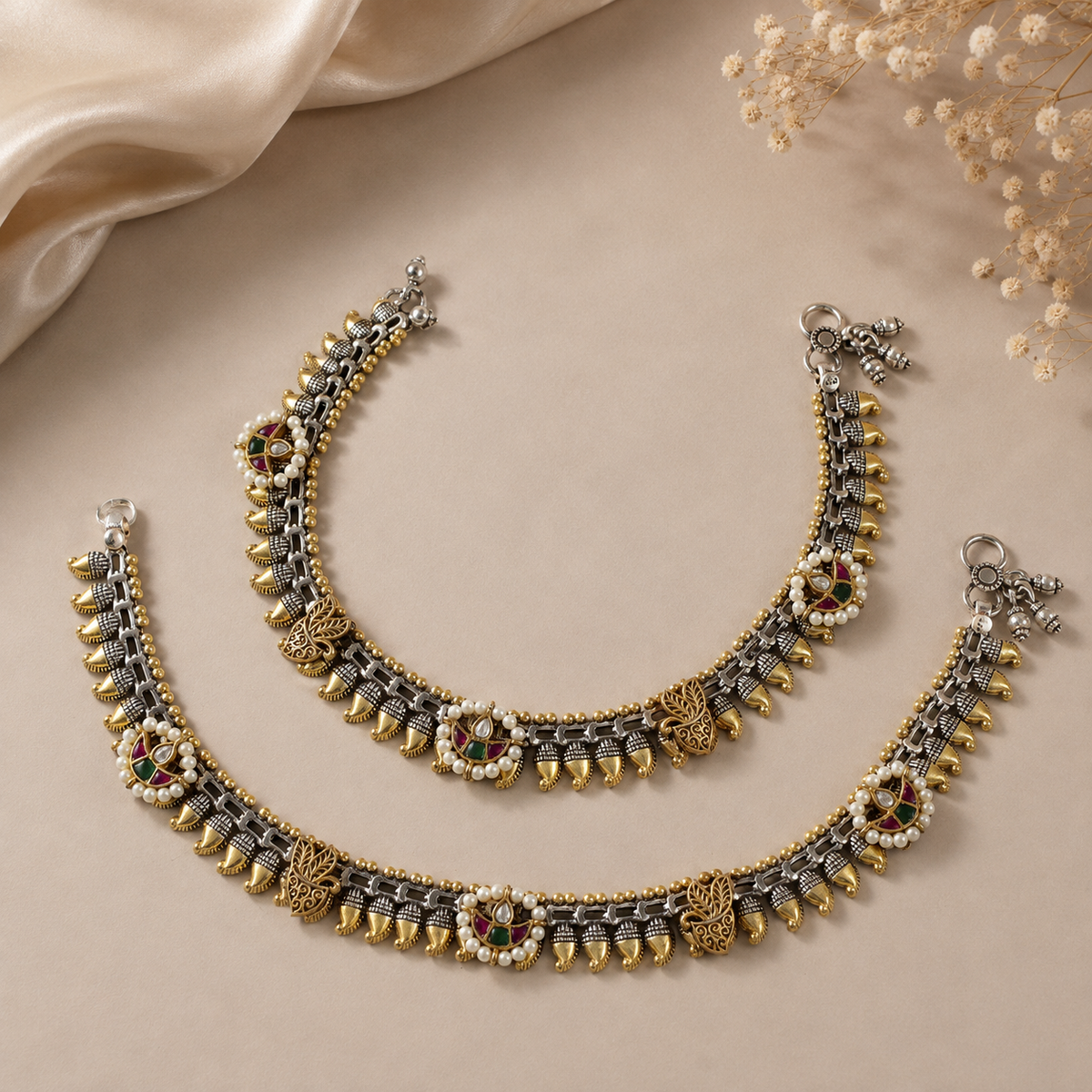 Shahi Meenakari Pearl Silver Anklets