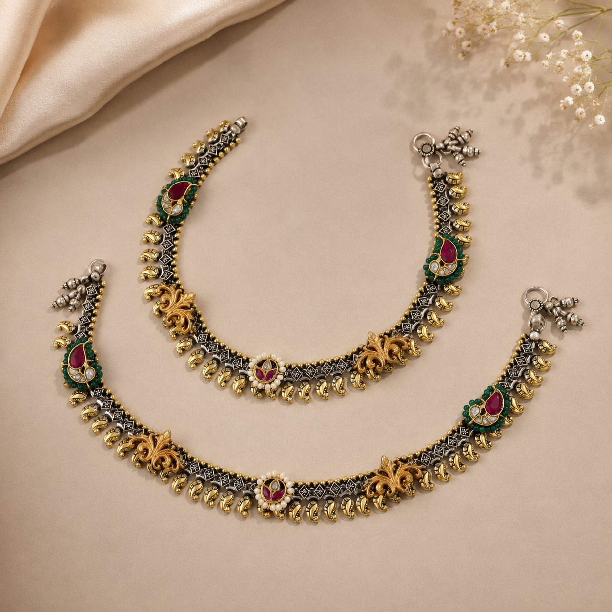 Myra Regal Kundan Silver Anklets
