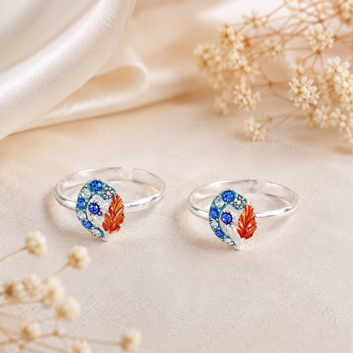 Anaya Mystic Blue Feather Silver Toe Rings