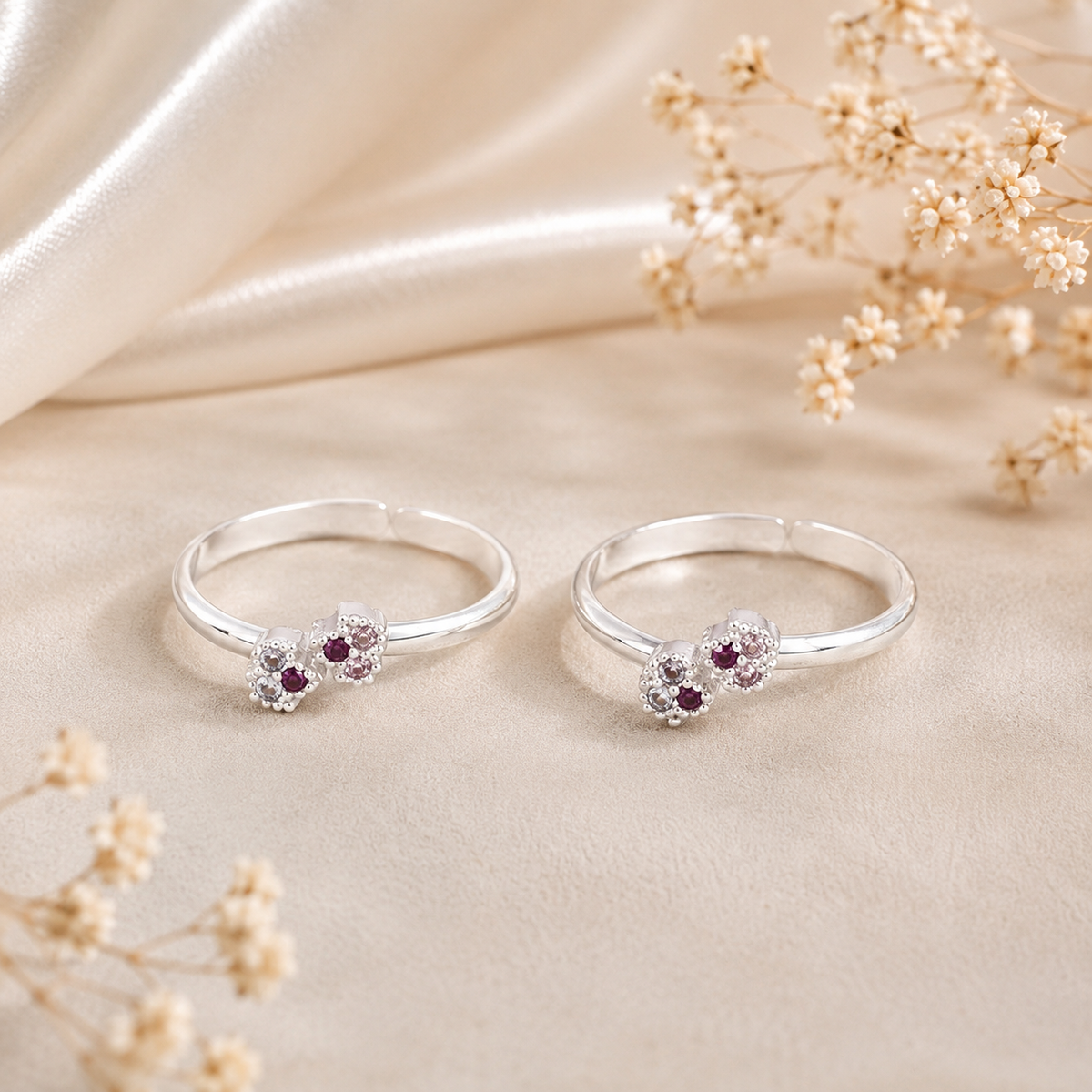 Floral Charm Silver Toe Rings