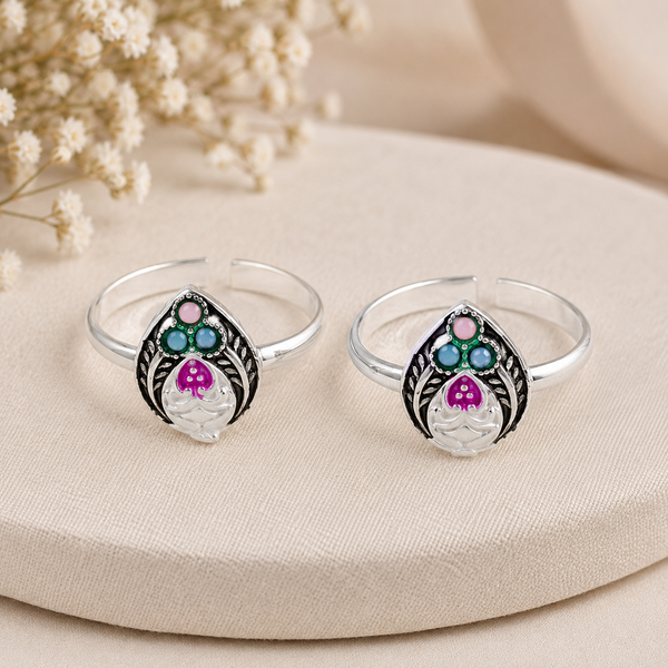 Ishani Multicolour Leaf Silver Toe Rings