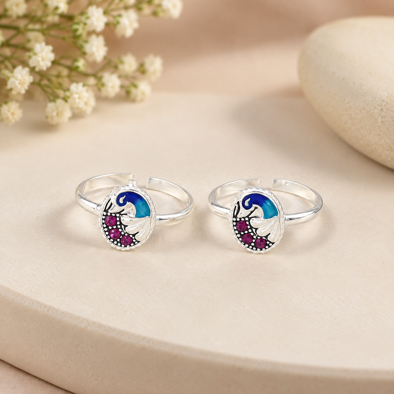 Vamika Royal Peacock Silver Toe Rings