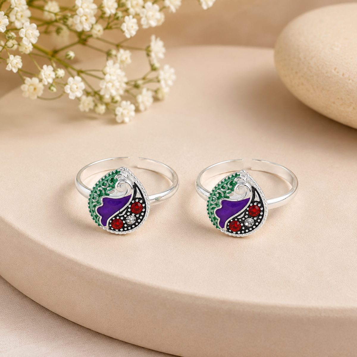 Yutika Enamel Peacock Silver Toe Ring