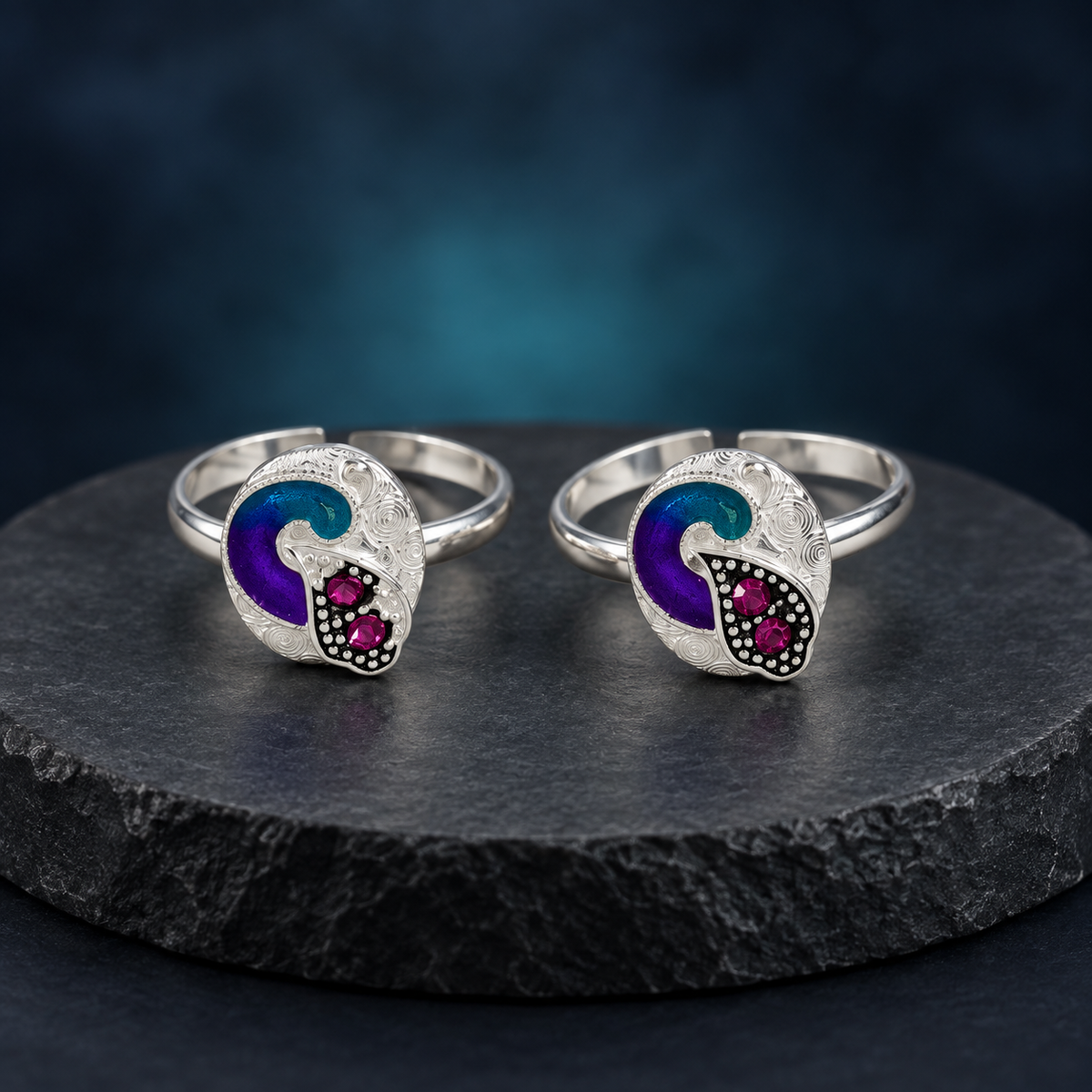 Peacock Swirl Silver Toe Rings