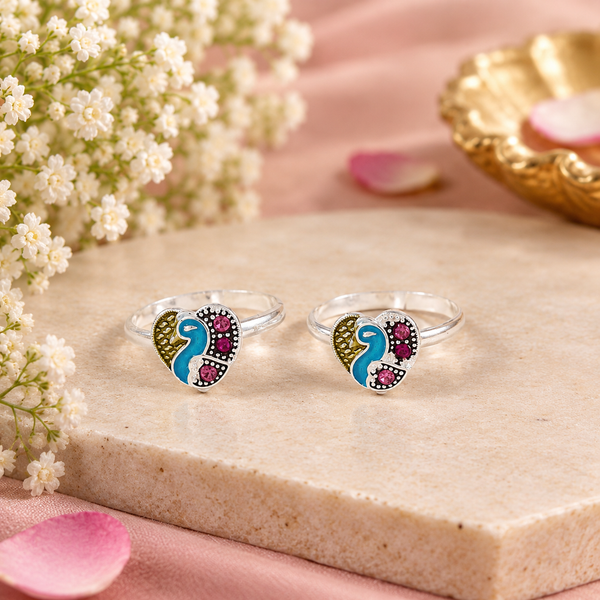 Prisha Peacock Heart Silver Toe Rings