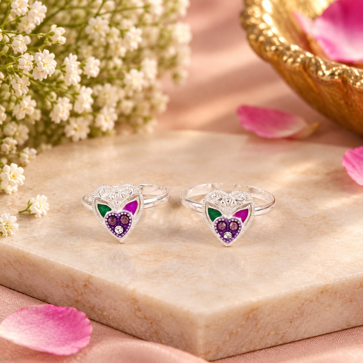 Rangoli Heart Silver Toe Rings