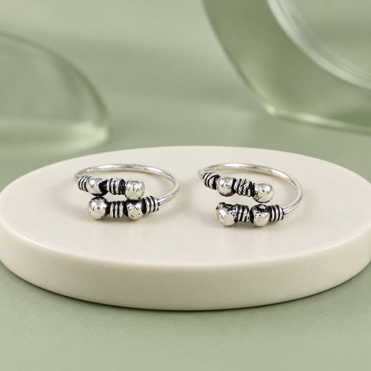 Rachi Twin Bead Spiral Silver Toe Rings