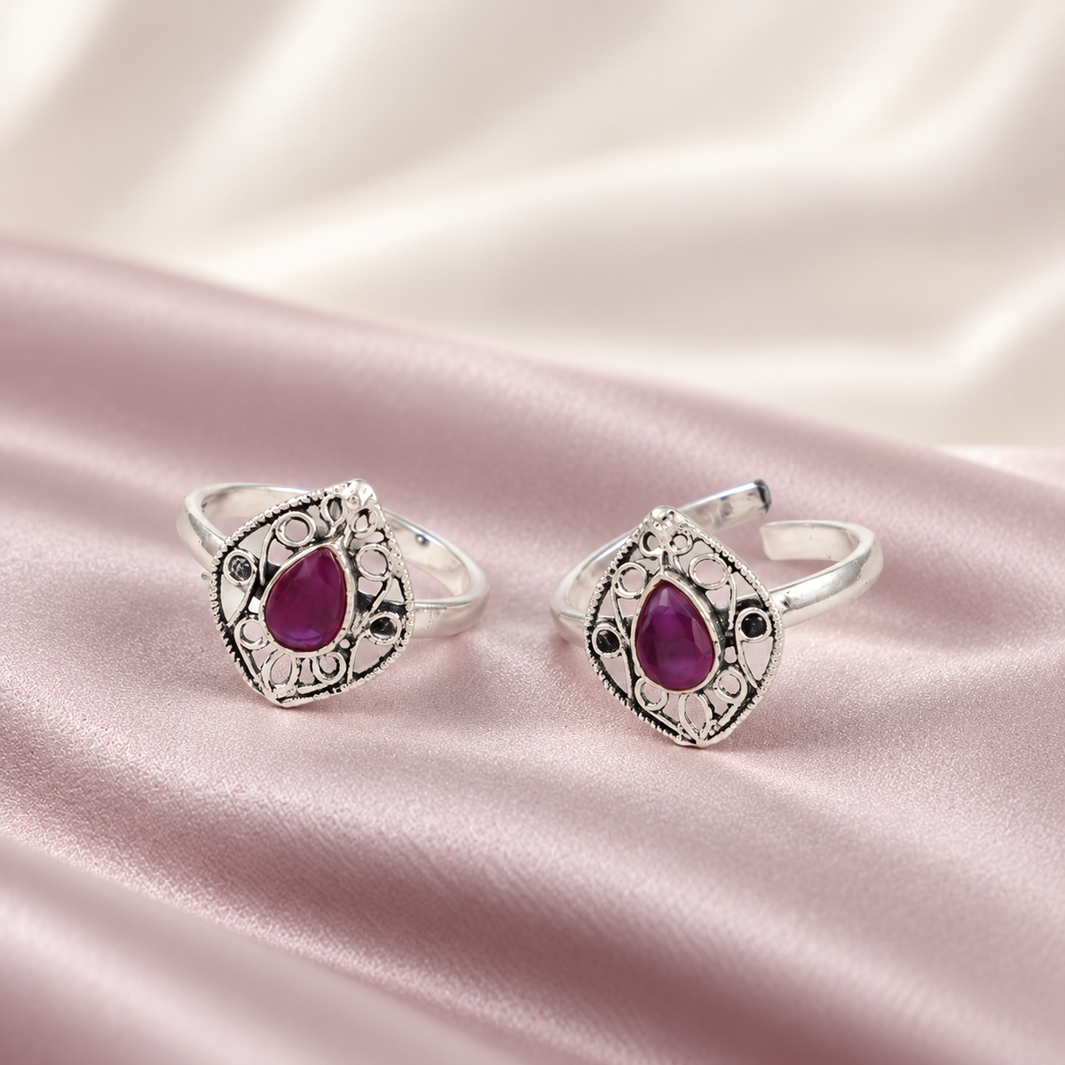Advika Ruby Teardrop Silver Toe Rings