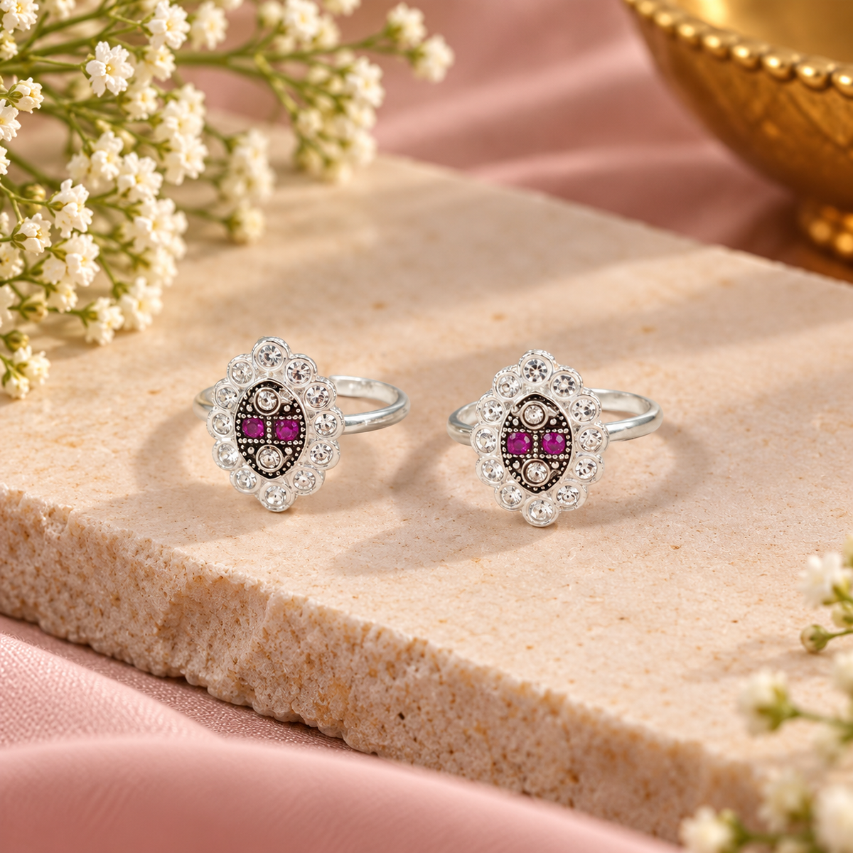 Pink Stone Maharani Silver Toe Rings
